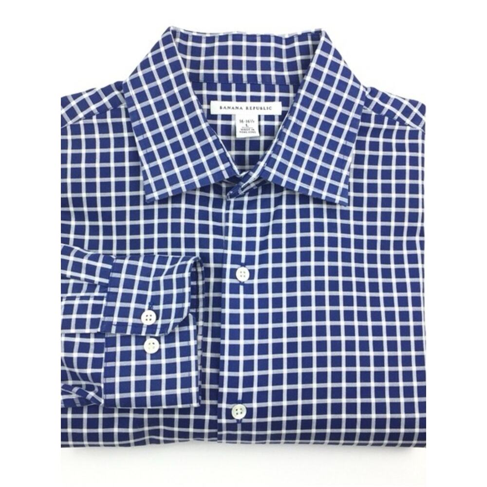 Banana Republic Men's Blue and White Check Dress Shirt Like New Size Medium